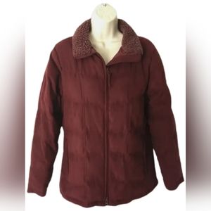 LL Bean Womens Maroon Puffer Quilted Goose Down Faux Suede Coat Jacket Sz M